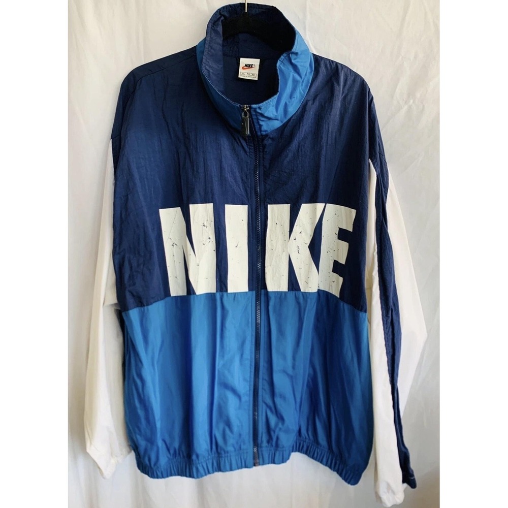 VTG Nike Jacket Mens XL Blue Colorblock Big Logo Windbreaker Full Zip 90s